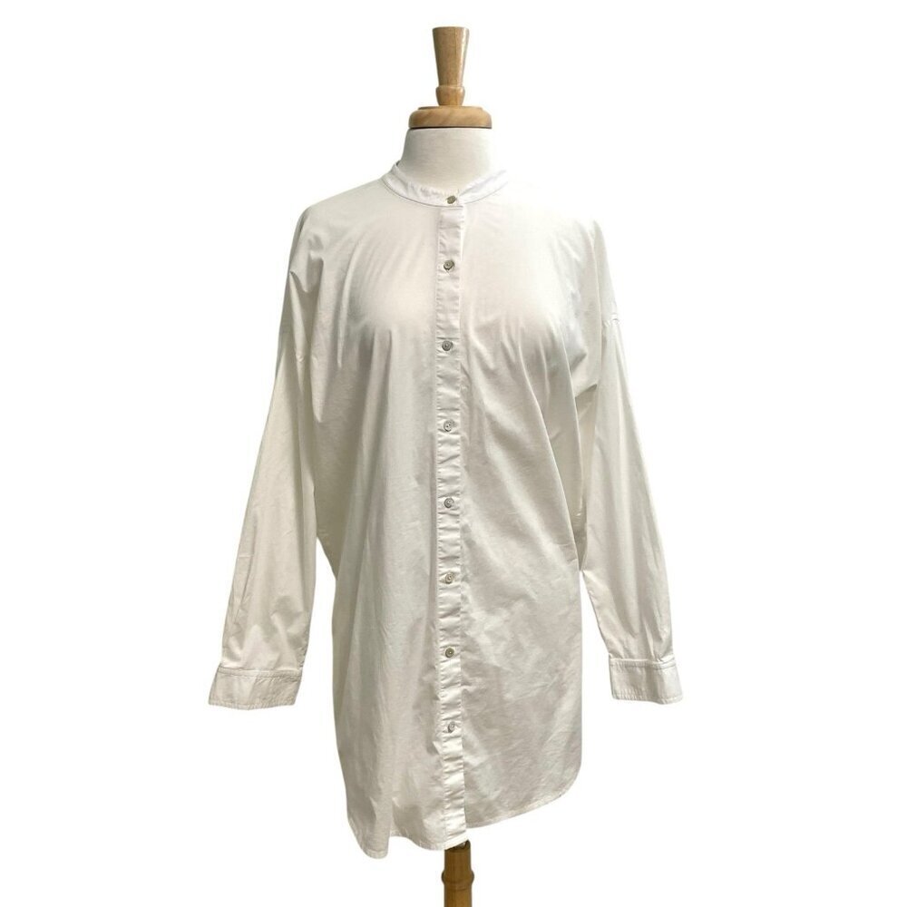 Eileen Fisher Mandarin Collar Button Front Long Sleeve Tunic Top White sz Medium
